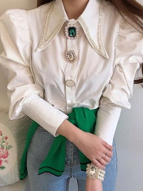 Tops - White Puff-Sleeve Pearl-Button Blouse with Embellished Collar